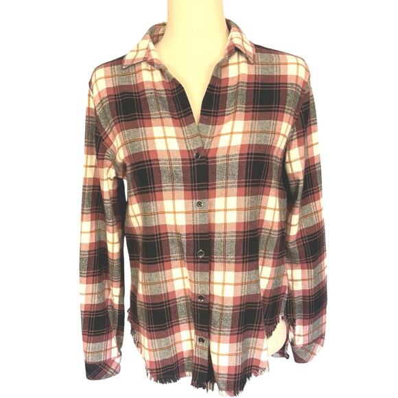 Anthropologie Cloth & Stone Plaid Button Down Flannel Shirt Raw Fringe Hem Small - Picture 5 of 9